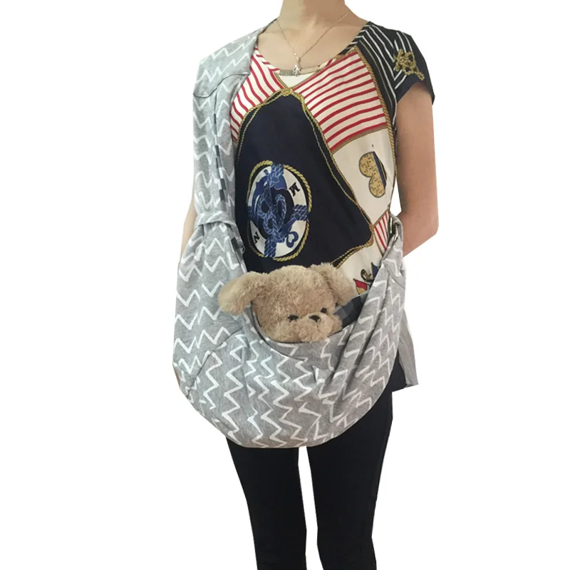 Grey Striped Strap Size Adjustable Cotton Pet Sling Dog Cat Carrier Bag Hand Free Comfort Shoulder Bag Outdoor