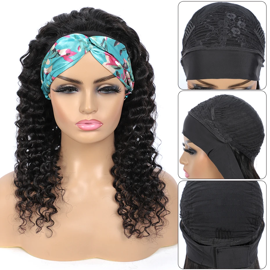 

Deep Wave Wigs Human Hair Headband Wig Non Lace Wigs Half Machine Made Wig Curly Remy Hair Natural Color Free Shipping