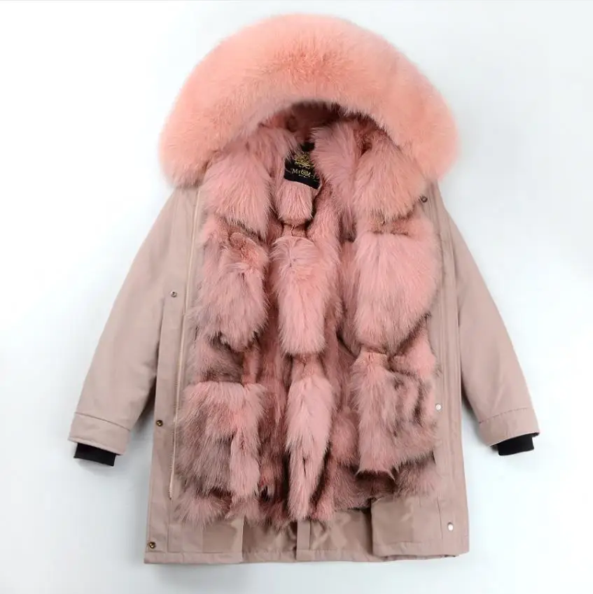 Теплые парки с натуральным мехом, женские зимние длинные меховые парки с лисьим мехом, съемная подкладка пальто из настоящего меха с меховым воротником, пальто с капюшоном, F01 - Цвет: pink normal length