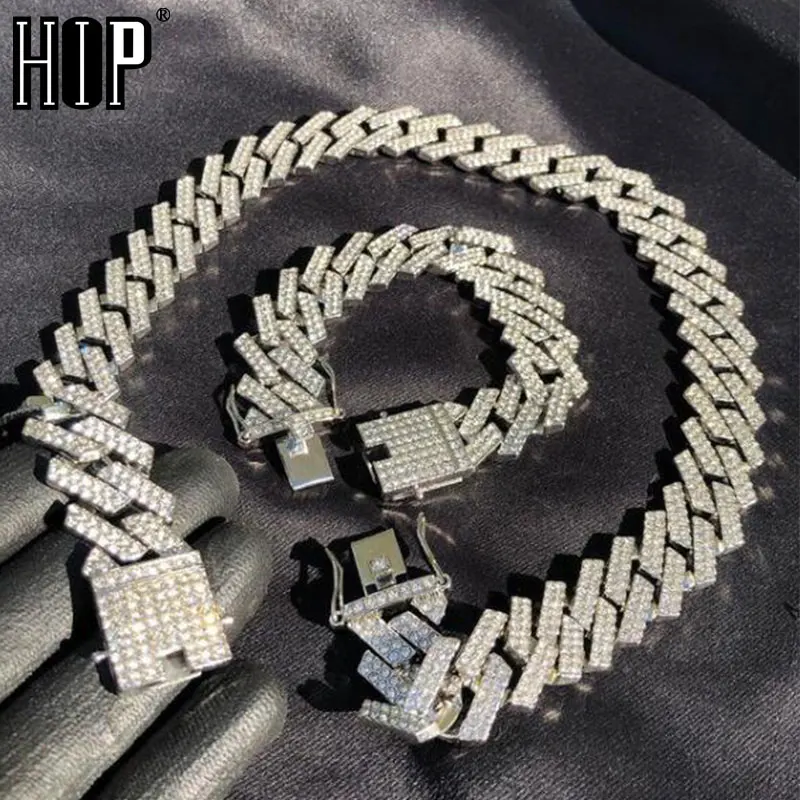 Hip Hop 1kit 20MM Silver Color Heavy Full Iced Out Paved Rhinestones Prong Cuban Chain CZ Bling Choker Necklaces For Men Jewelry | Украшения