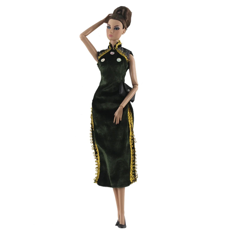 Темно-зеленый китайский Ципао Cheongsam платье для куклы Барби одежда сумка вечерние платья для кукол Барби наряды Куклы Аксессуары