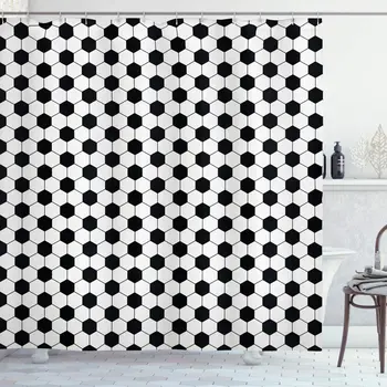 

Soccer Shower Curtain Abstract Football Ball Pattern Monochrome Geometric Design Sports Fun Activity Bathroom Decor Set