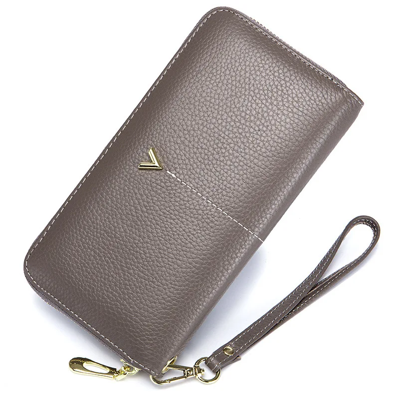 Women clutch bag leather wallet female long zipper clutch bag top layer cowhide portable large capacity paper clip new - Цвет: Серый