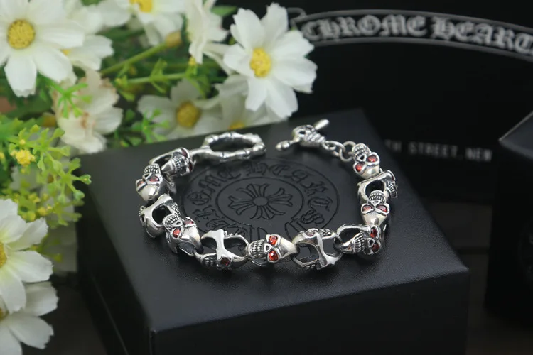 silver s925 sterling silver jewelry men's fashion silver bracelet Thai silver red zircon eyes skull bracelet forMen