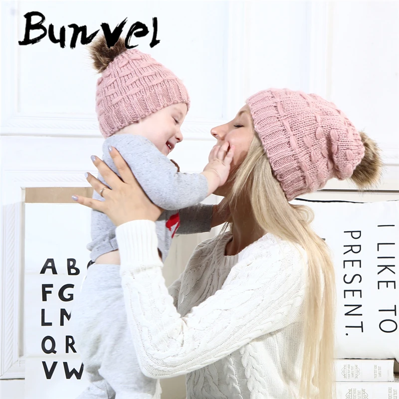 Bunvel Mommy and me, повседневные шапочки для мамы, маленьких девочек и мальчиков, теплая вязаная зимняя шапка, модная детская шапка, подходящая 35