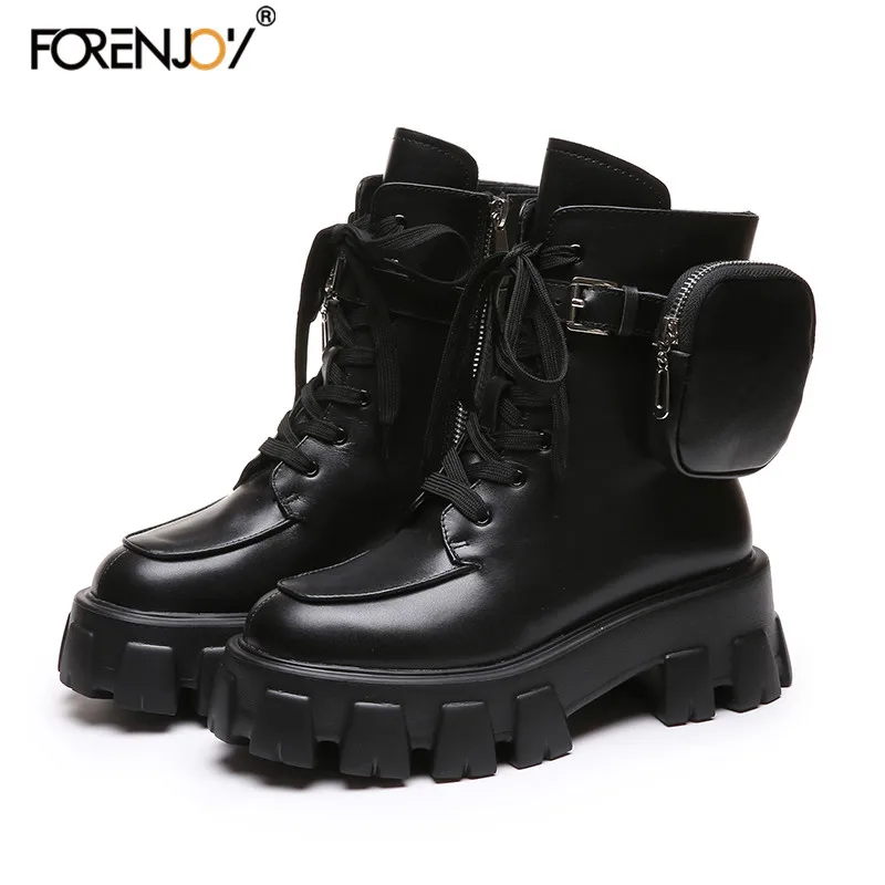 

FORENJOY Army Combat Boots Women Lace Up Gothic Black Sock Platform Boots Leather Martins Ankle Boots Women Shoes
