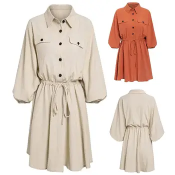 

Solid Color Women Button Down 3/4 Lantern Sleeve Drawstring Shirt Mini Dress