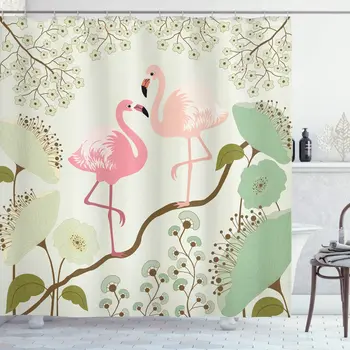 

Peacock Shower Curtain Blossoming Floral Background with Pair of Flamingos on Tree Branch Cloth Fabric Bathroom Decor