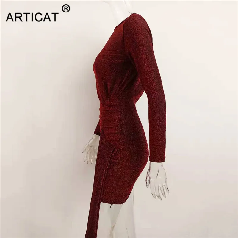 Articat, Осеннее блестящее ДРАПИРОВАННОЕ облегающее платье, женское платье с длинным рукавом и круглым вырезом на спине, женское однотонное мини уличное платье