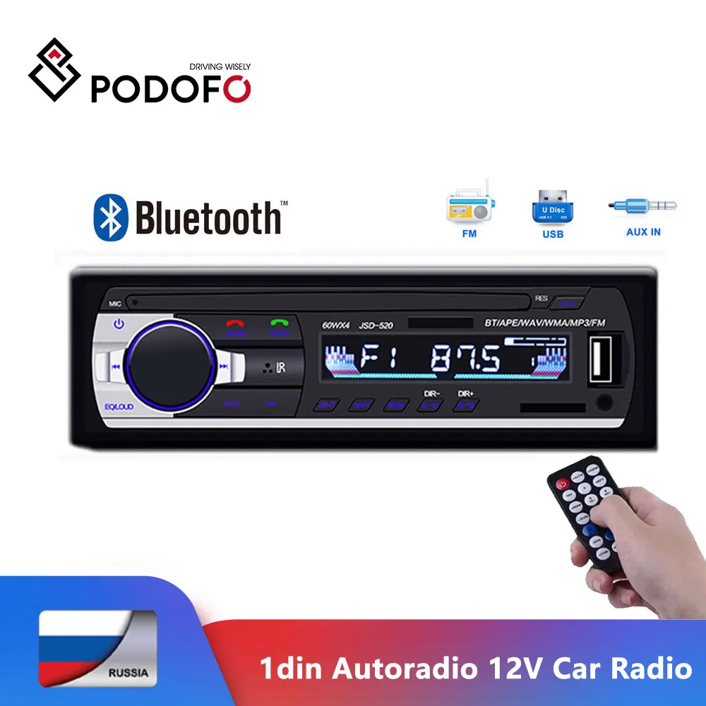 Podofo 1din Автомагнитола 12 В Автомагнитола Bluetooth автомобильный стерео плеер AUX-IN MP3 FM/USB In-Dash автомобильный аудио пульт дистанционного управления зарядное устройство для телефона