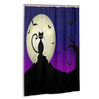

Halloween Night Spooky Tree and Black Cat Shower Curtain Polyester Waterproof 12 Hooks Fabric Modern Bathroom Home Decor Set