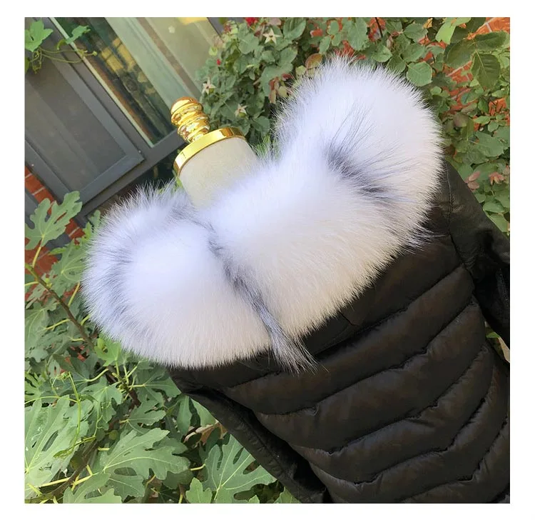 white grey strips MS.Minshu Fox Fur Collar Parka Coat Collar Genuine Fox Fur Big Collar Fluffy Fox Fur Hood Collar - Цвет: white grey strips