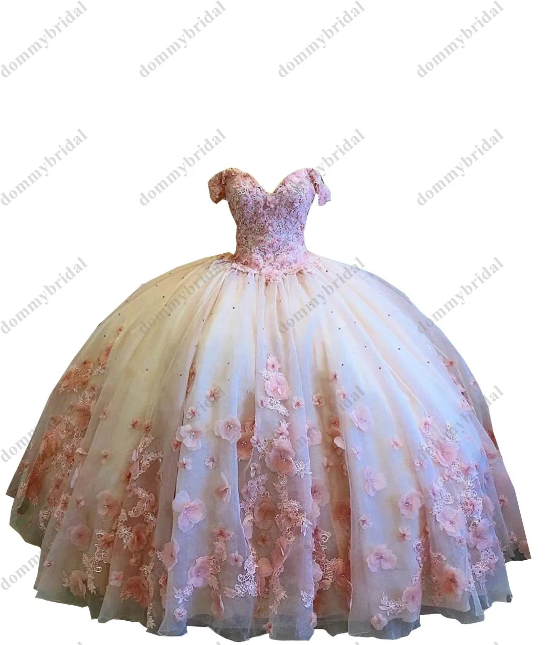 

Romantic 3D Floral Flowers Champagne Tulle Blush Lace Ball Gown Dresses 15 Years 2022 Prom Qinceanera Sweet 16 Dress with Straps