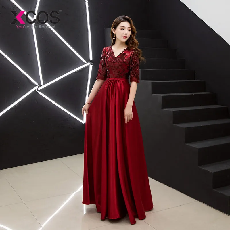 Burgundy XCOS длинные платья для выпускного вечера модное платье на выпускной вечер с v-образным вырезом и коротким рукавом ТРАПЕЦИЕВИДНОЕ платье для выпускного вечера vestidos de fiesta - Цвет: Burgundy