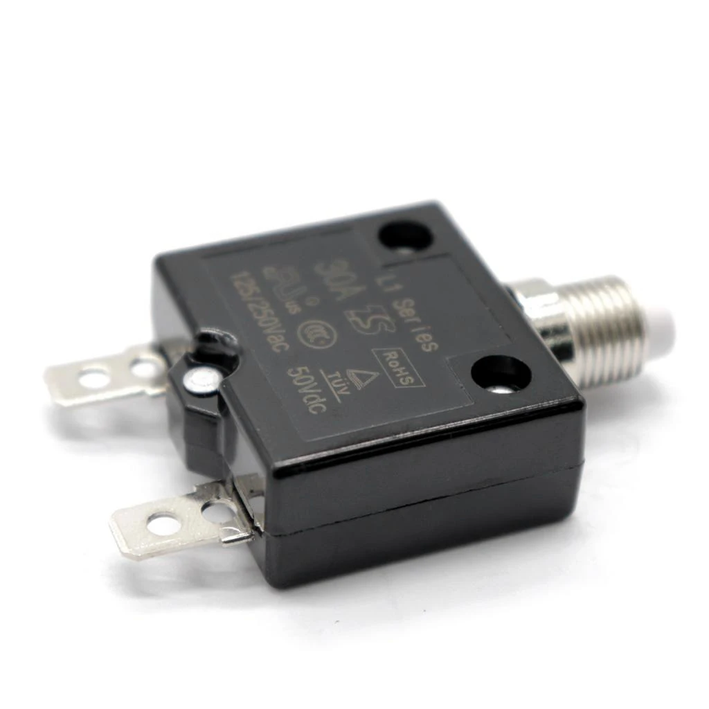 30A Push Button Reset Circuit Breaker, DC50V AC125-250V Thermal Overload Protector with Black Waterproof Button Cover