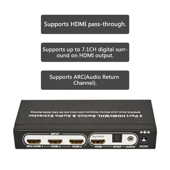 

Out Switcher 4kx2k Switcher with Audio Separation Hdmi Splitter T-303D Hdmi1.4 3 in 1 US Plug 150*64*25mm Male-male ONLENY 500g
