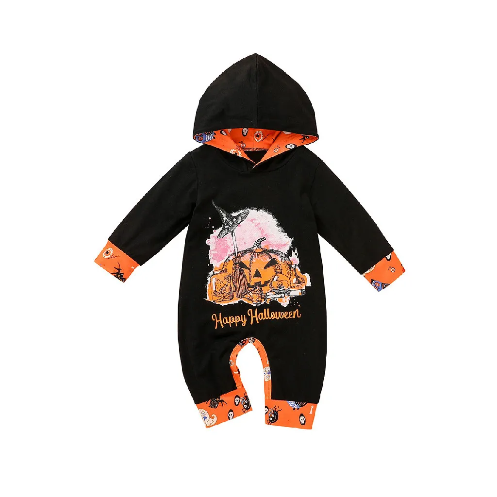 Lovely Fashion Newborn Clothing Set Baby Boys Girls Costume Cotton Long Sleeve Happy Halloween Print Pumpkin Hooded Jumpsuit