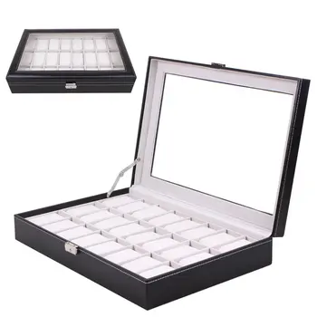 

24 Grids Transparent Glass Black PU Leather Watch Box Jewelry Storage Case Organizer Classical Watches Display Casket