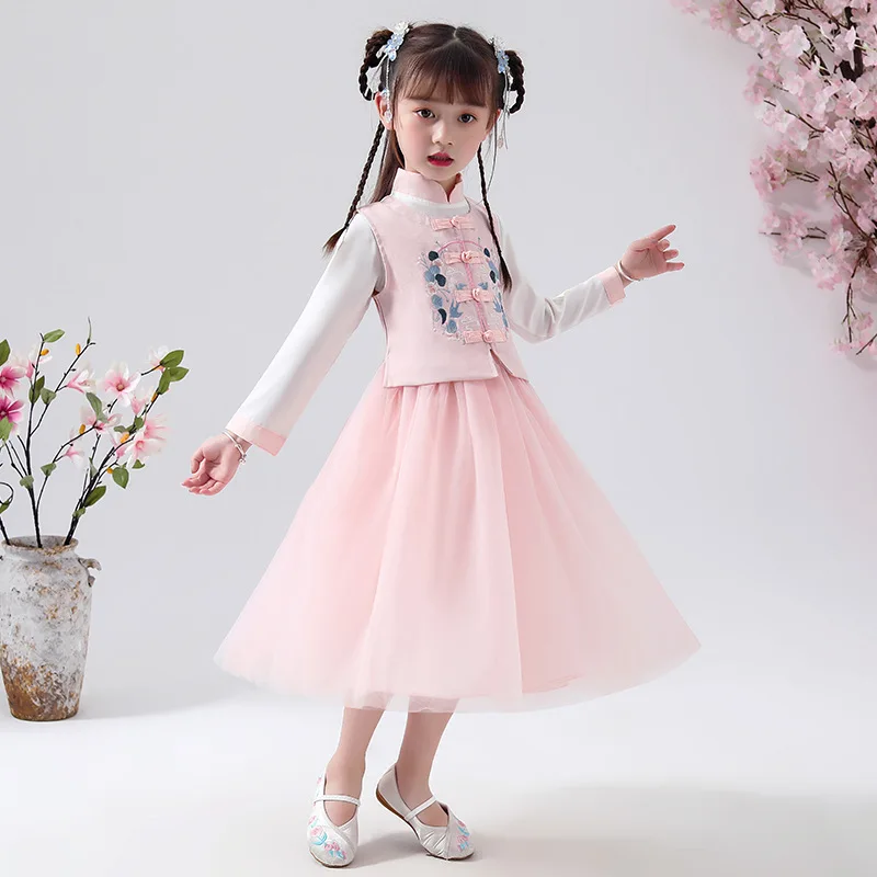 Hanfu/комплект одежды для девочек, новое осенне-зимнее Детское пальто с вышивкой+ платье принцессы комплект из 2 предметов Детский костюм в китайском стиле для детей возрастом от 2 до 11 лет