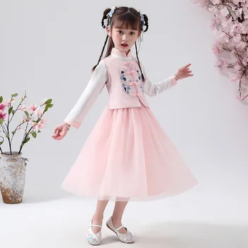 

Girls Clothing set Hanfu autumn Winter new Kids embroidery coat+princess dress 2Pcs suit Chinese style children costume 2-11Year
