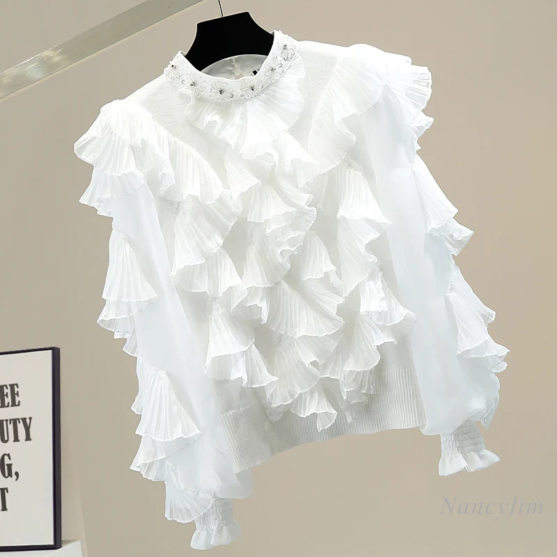 

Ruffles Sweater for Women Embroidery Sequins Beaded Diamond Puff Sleeve Slim Fit Stand-Collar Hollow-out Knitted Shirt Top Lady