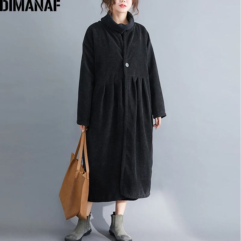 low cost DIMANAF Oversize Autumn Winter Women Jacket Coat Corduroy Fleece Vintage Female Outerwear Loose Lon