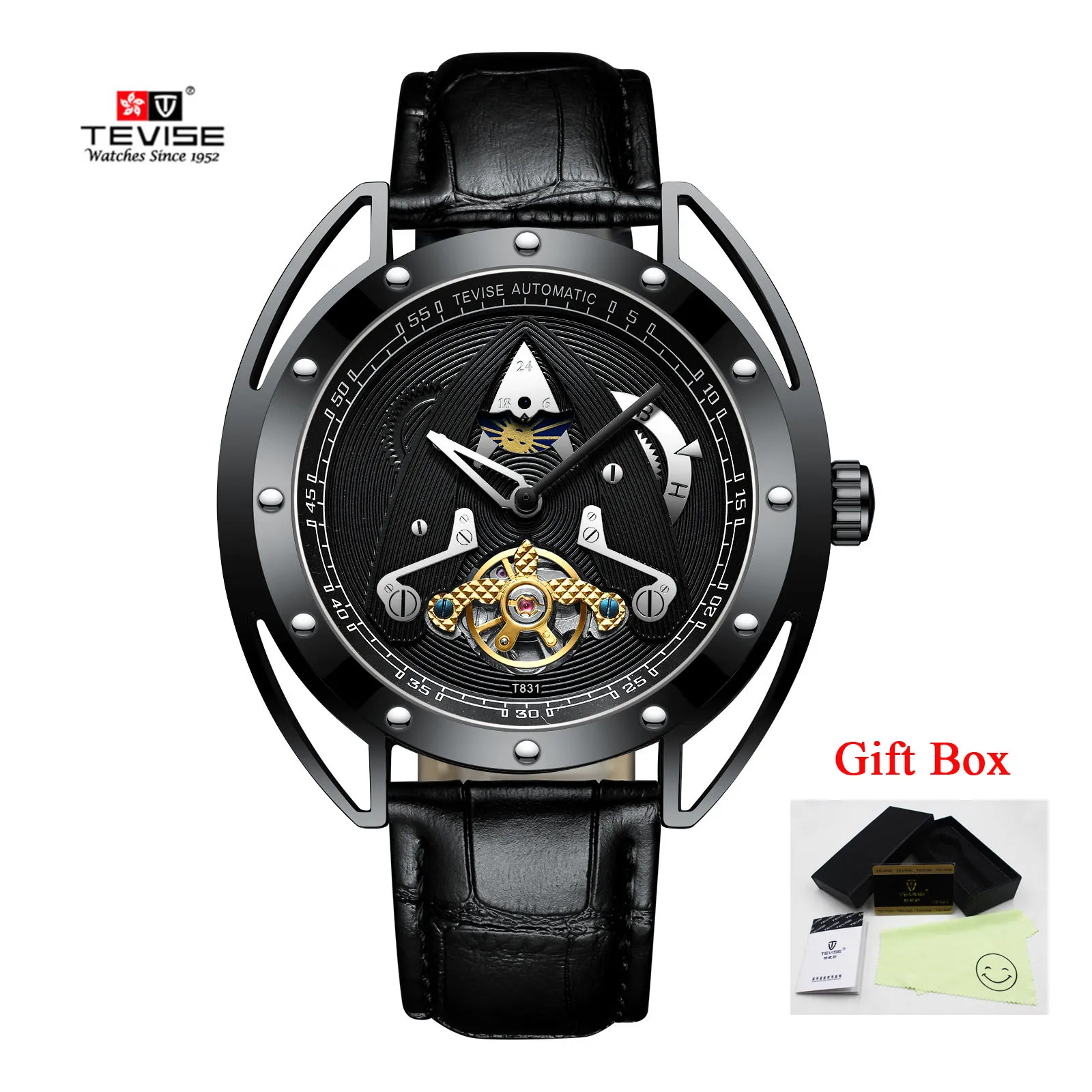 full black Tevise Мужские автоматические механические часы водонепроницаемые Tourbillon спортивные брендовые модные синие мужские наручные часы Relogio Masculino - Цвет: full black
