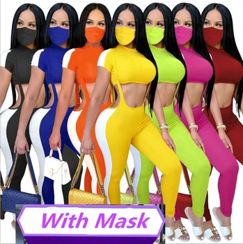 

Women Tracksuits Two Pieces Set Mask Crop Top Spaghetti Strap Pants 2 Pieces Set Ribbed Sports Suit Ladies Outdoor Wear