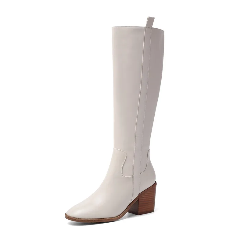 MORAZORA/ г., Новое поступление, зимние сапоги до колена из натуральной кожи Модная простая обувь с круглым носком женские ботинки - Цвет: beige