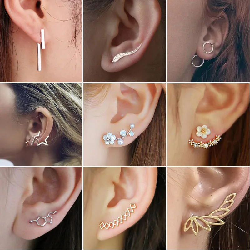 

SMJEL Bohemian Vintage Earrings Jewelry Leaf Geometric Round Stud Earrings for Women Simple Bar Leaf Earing Ear Climber Girls