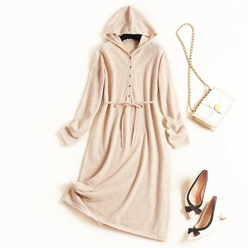 

High quality women's sweater dress 100% Wool hooded knit dresses autumn winter bottoming dresses casual party dress vestidos