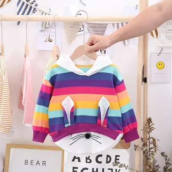 

Girls Hoodies Sweatshirt Rainbow Rabbit Bow Striped Hooded For Kids With Ears Tops Children Duck Sportswear T-shirt Clothes