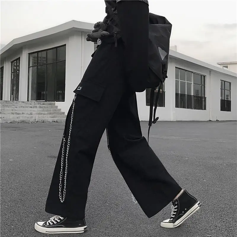 Calças de carga preto homens streetwear hip