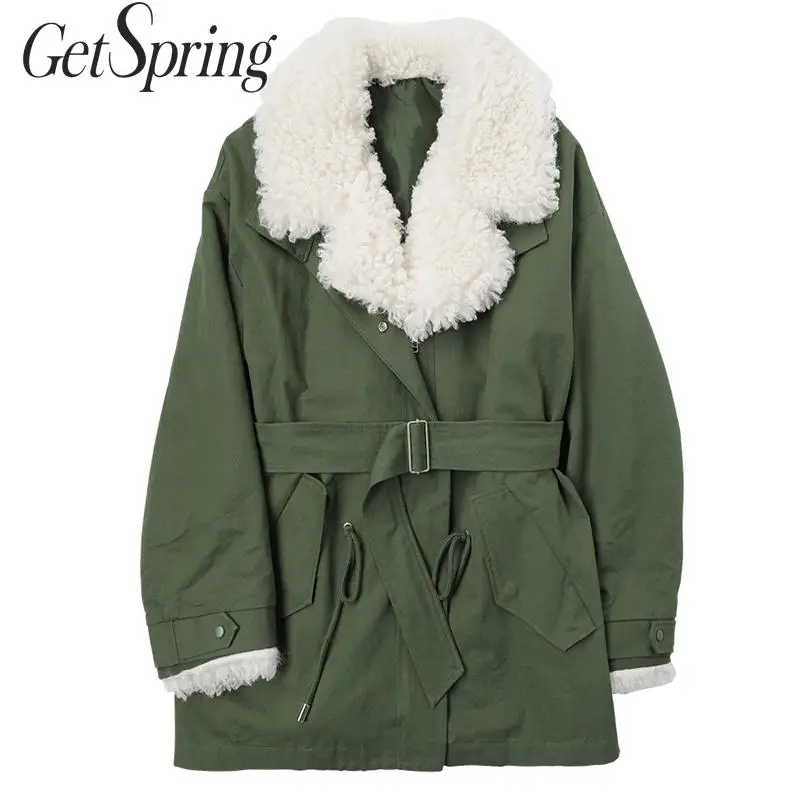 

GetSpring Women Parka Detachable Lamb Wool Inner Winter Coats Warm Ladies Jackets Thick Long Outerwear All Match Women Coats New