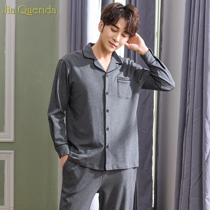 

Men Pajama Sets High Quality Brand Pajams Male 100% Cotton Sleepwear Grey Solid Luxury Home Clothing Long Sleeve Winter Pajamas