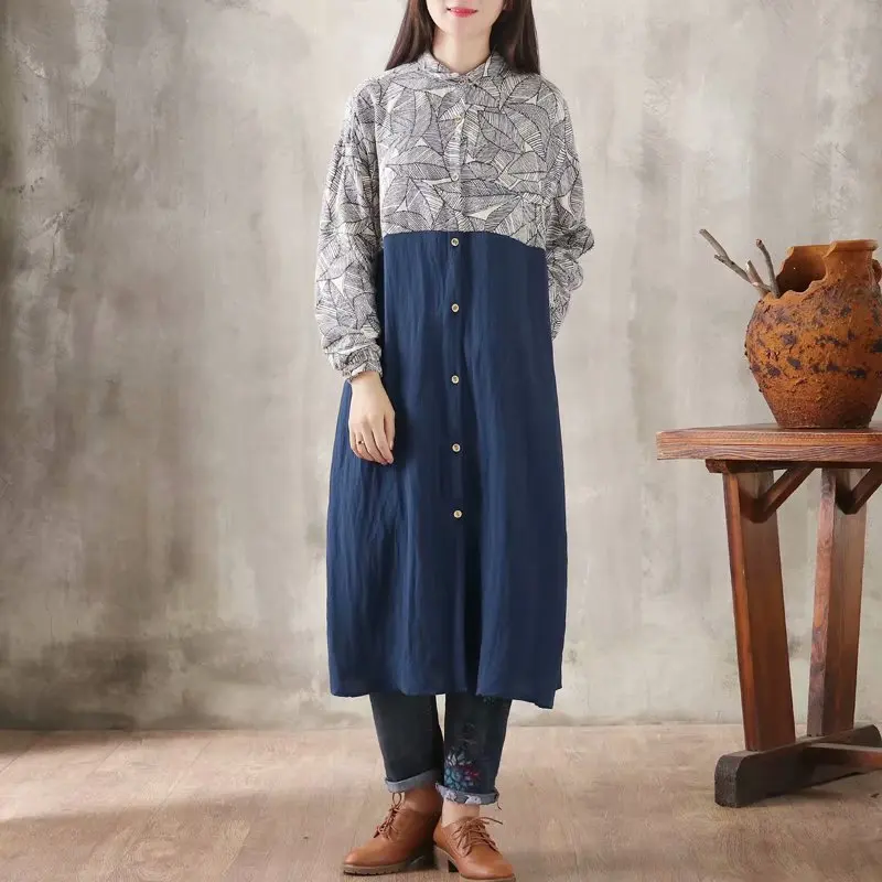 

Retro 2019 Spring And Autumn WOMEN'S Dress New Style Mixed Colors Thick Mid-length Cotton Coat Loose-Fit Slimming Shirt Coat