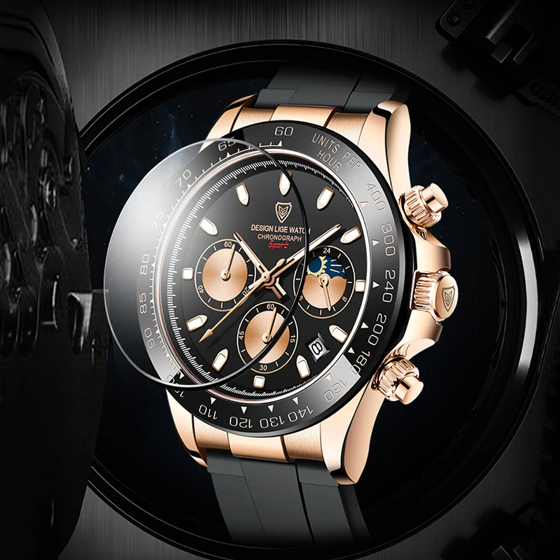 LIGE Brand Luxury Quartz Men Watch Silicone Strap Watch for Men Sport Waterproof Wristwatch Chronograph Clocks Relogio Masculino