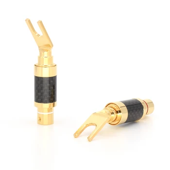 

4Pc Copper Gold Plated Carbon Fiber Speaker Cable Spade Terminal Connector