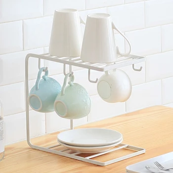 

Iron Kitchen Drain Drying Holder with 6 Cup Hooks Bowl Dish Storage Rack Shelf