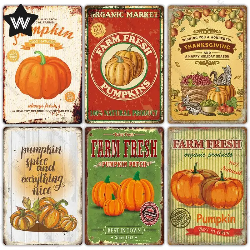 

Fresh Pumpkin Metal Sign Vintage Wall Stickers Thanksgiving Tin Plaque Halloween Wall Art Metal Plate for Farm Decor Metal Decor