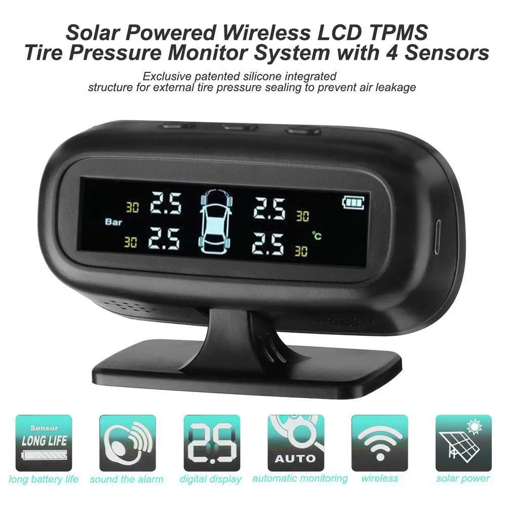 Solar Wireless LCD TPMS Car Tire Pressure Monitoring System w/4 Internal Sensors 