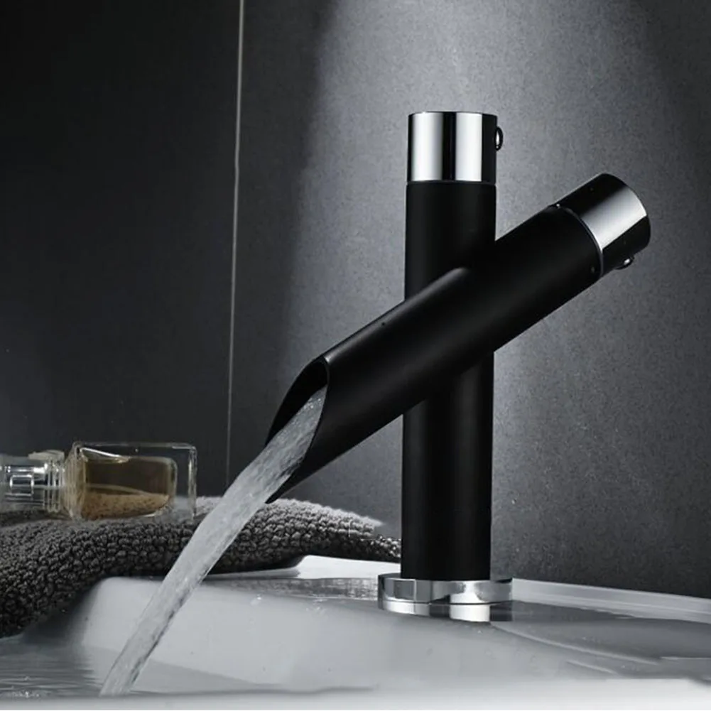 

Hot Cold Small Single Handle Bathroom Kitchen Home Waterfall Chrome Brass Mixer Tap Deck Mount Black Basin Sink Faucet One Hole