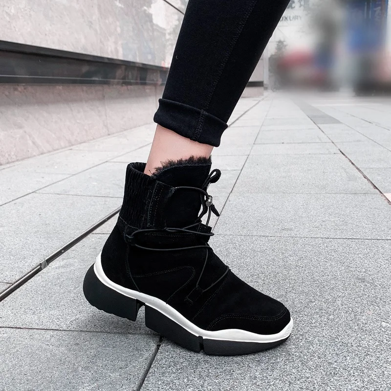 Новое поступление; mujer botas; зимние водонепроницаемые ботинки из натуральной коровьей замши и микрофибры; повседневная обувь на плоской подошве; женские ботильоны