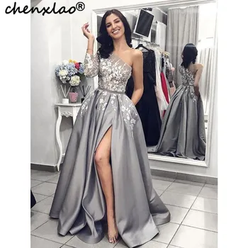 

Grey Evening Dresses Long High Shoulder Split Front Floor Length Formal Party Gowns Evening Dress vestido de festa longo
