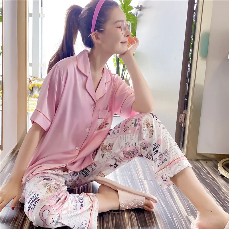 

QWEEk Cute Pajamas Satin Home Clothes for Women Pyjama Short Sleeve House Suit Silk Kawaii Pijama Mujer Summer Sleepwear 2020