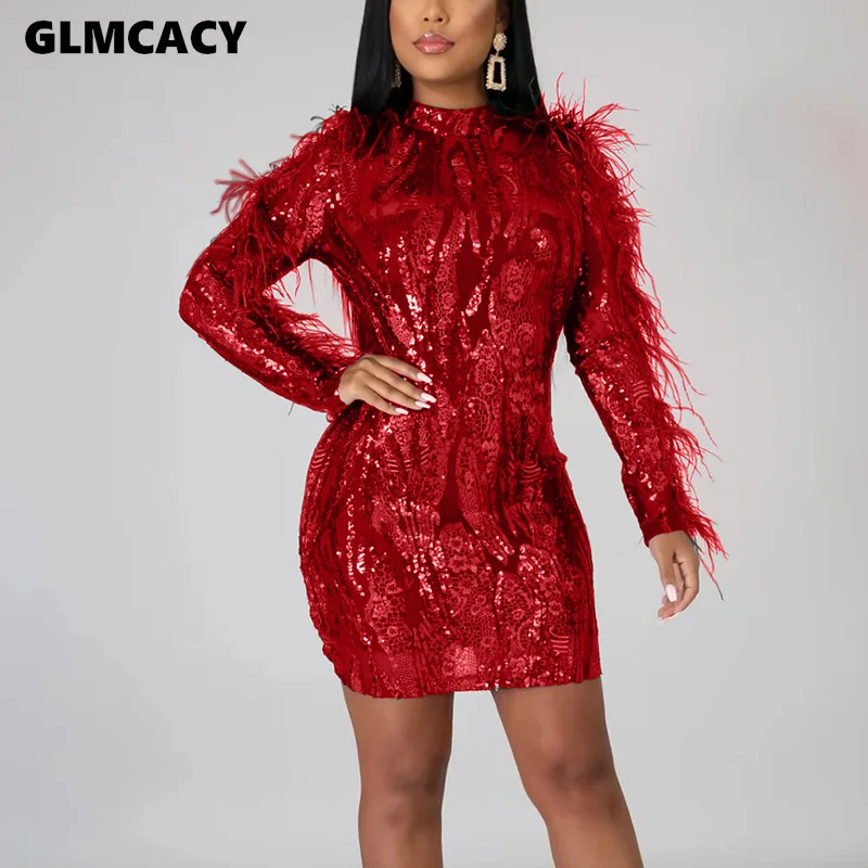 Женское облегающее платье большого размера с блестками и перьями, с длинным рукавом, блестящие сексуальные и Клубные вечерние платья Vestidoss - Цвет: Красный
