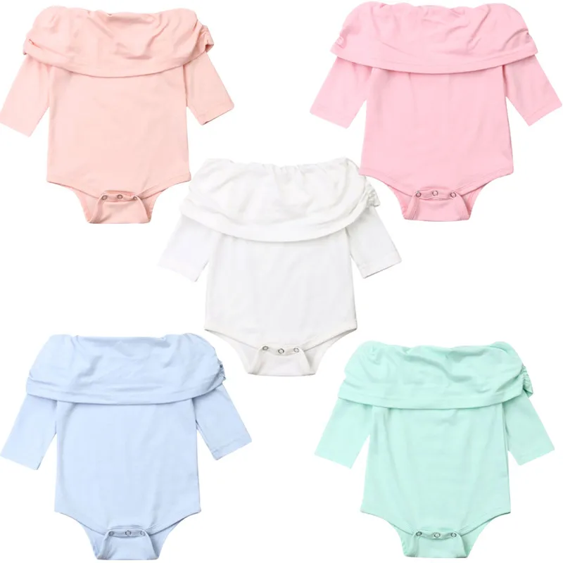 

Newborn Infant Baby Girls Long Sleeves Romper Jumpsuit Off Shoulder Solid Outfit Clothing