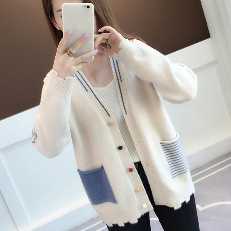 

Korean Loose Jacket Autumn And Winter New Female Long-sleeved Cardigan Sweet Women Knitted Coat V-neck Single Breasted Jacket