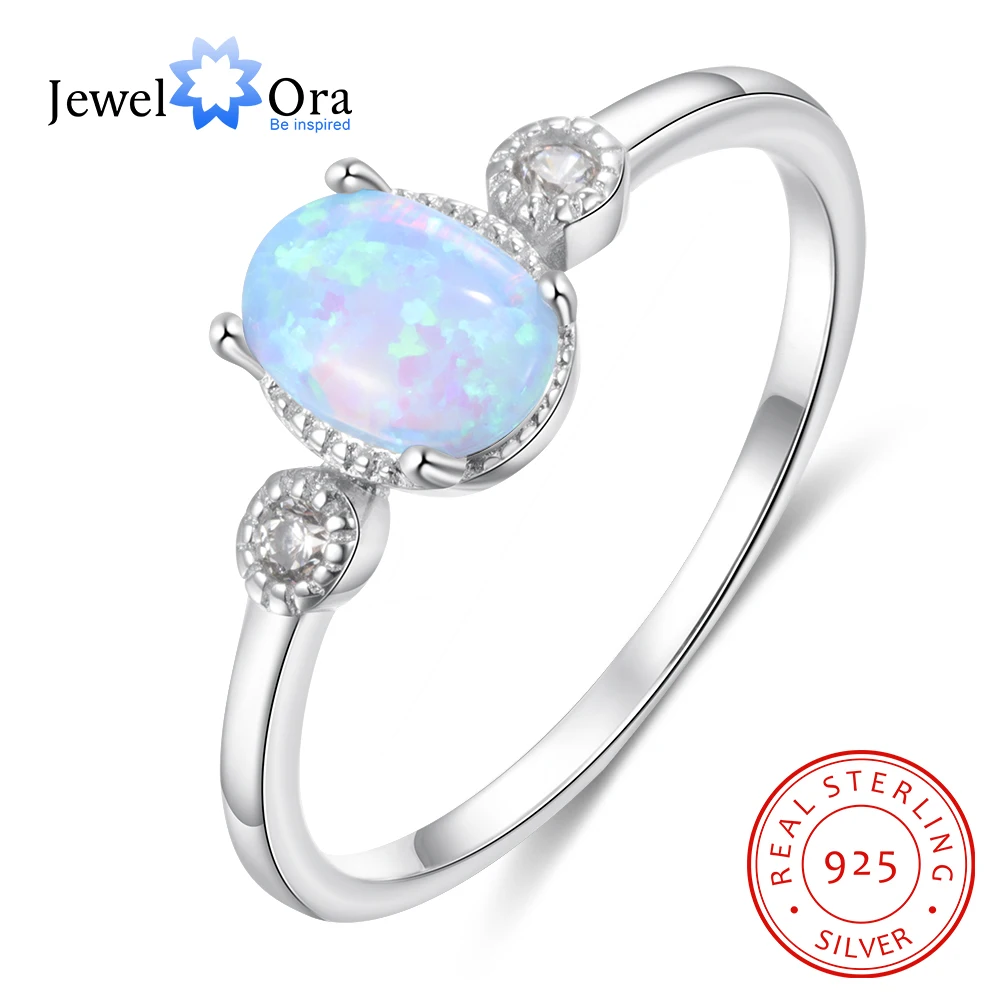 

JewelOra Classic Style 925 Sterling Silver Oval Opal Rings for Women Female Finger Blue Opal Ring with Zirconia Fine Jewelry