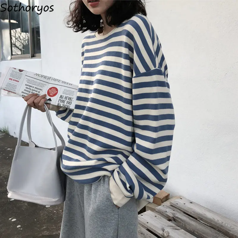 

Hoodies Women Thin Big Size Spring Autumn Korean Style Stripe Loose Simple Fashion All-match Womens Sweatshirts Chic Casual Soft